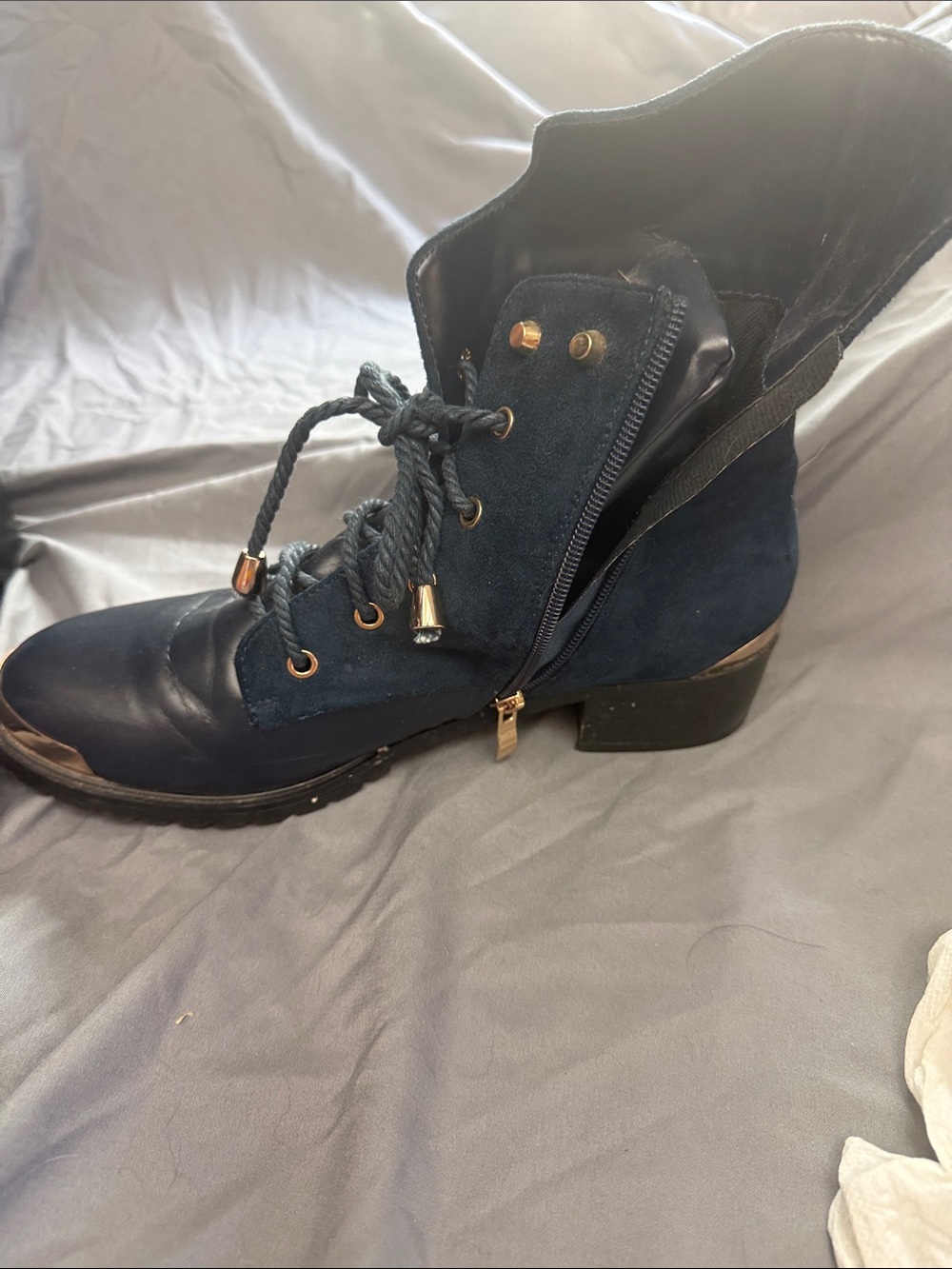Women's Navy Lace-Up Ankle Boots with Side Zip